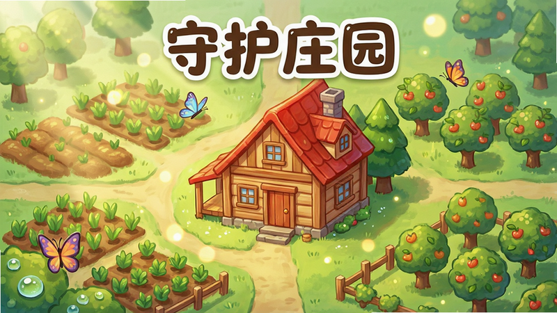 主体为“守护庄园”游戏核心场景,布局采用中心对称式构图,画面中央是一栋温馨的红顶木屋,周围环绕着整齐的农田和果园,排版清晰,风格为清新治愈系手绘插画,细节处有露珠、蝴蝶和阳光光斑,画质4k高清,干净无多余元素,文字“守护庄园”位于顶部居中,字体圆润可爱