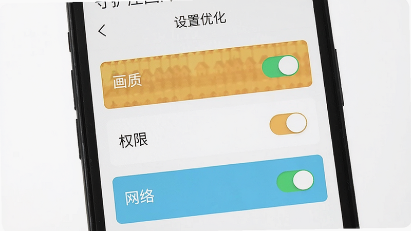 主体为手机屏幕显示“守护庄园”设置界面,布局为垂直列表,展示画质、权限、网络选项,排版简洁,风格为扁平化UI设计,细节处有开关按钮和高亮选中状态,画质清晰,干净背景,文字“设置优化”位于顶部