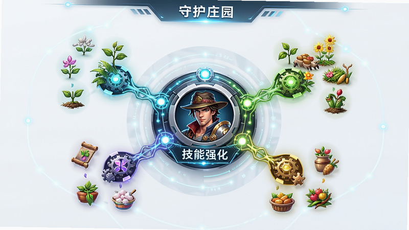 主体为“守护庄园”技能树界面,布局为环形放射状,中心为角色头像,周围延伸出种植、养殖、装饰三条分支,排版对称,风格为科技感与田园风结合,细节处有发光节点和连接线,画质高清,干净背景,文字“技能强化”位于中心