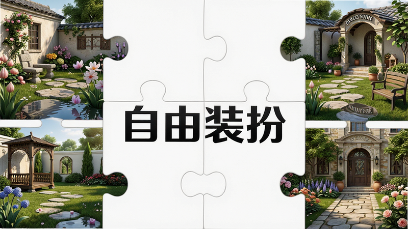 主体为“守护庄园”装饰展示区,布局为多宫格拼图形式,分别展示不同风格的庭院角落,排版整齐,风格为精致3D渲染,细节处有光影反射和材质纹理,画质高清,干净无杂乱背景,文字“自由装扮”位于中心,字体设计感强