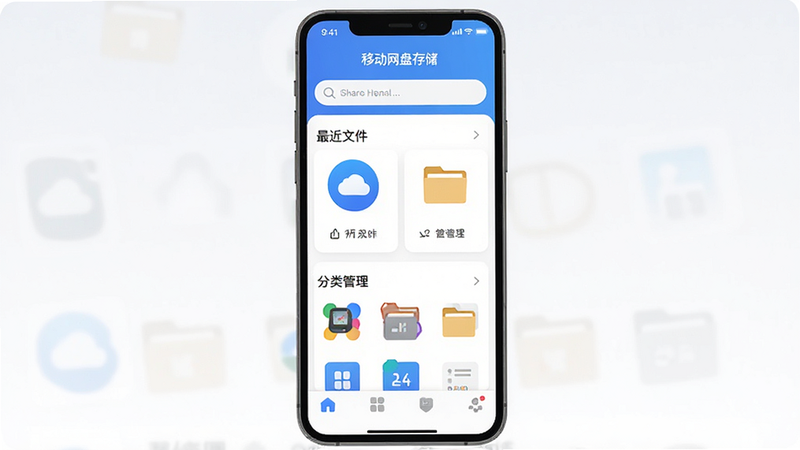 主体为手机屏幕界面,显示“移动网盘存储”App首页,布局清晰,顶部有搜索栏,中部为“最近文件”与“分类管理”卡片,底部为导航栏,风格为极简扁平化,细节包含云图标与文件夹图标,画质高清,干净,无多余元素