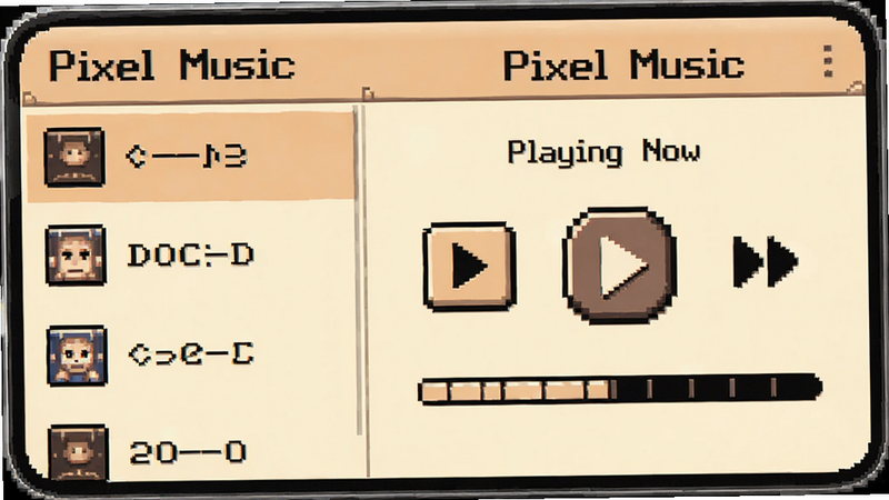 主体为 Pixel Music 安卓应用界面全屏展示,布局采用左侧列表右侧播放控制区结构,排版整洁有序,风格为复古像素艺术风,细节处可见 8-bit 风格的播放按钮和进度条,画质高清清晰,背景干净无多余元素,文字显示为