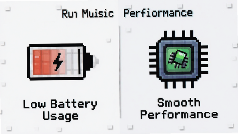 Pixel Music 运行状态示意图,主体为手机电池与 CPU 图标,布局为左右对比结构,排版清晰,风格为科技感像素风,细节显示低电量消耗和低 CPU 占用率的像素图形,画质清晰锐利,文字显示