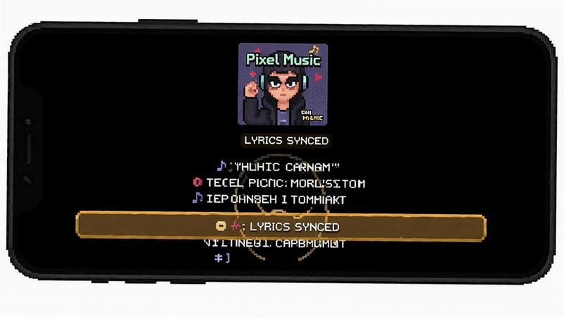 Pixel Music 歌词显示界面,主体为手机屏幕,布局为上方专辑封面下方滚动歌词,排版居中,风格为深色模式像素风,细节显示高亮当前播放行的歌词,画质清晰,文字显示
