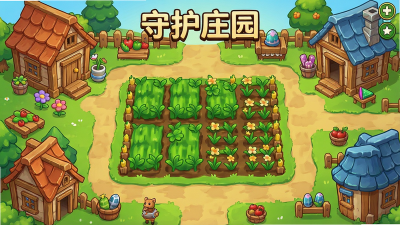 一张高清横屏游戏截图,主体为《守护庄园》游戏主界面,布局清晰,中央是绿意盎然的农田,四周环绕着木屋和装饰物,排版整洁,风格为清新卡通手绘风,细节丰富,画质4K,干净无多余元素,文字