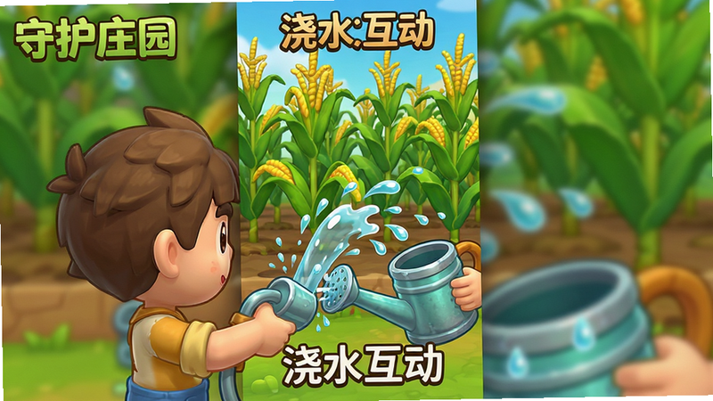 一张竖屏游戏画面,主体为《守护庄园》中的浇水场景,布局紧凑,前景是手持喷壶的玩家角色,背景是正在生长的玉米地,排版聚焦于互动瞬间,风格为明亮卡通风,细节展现水珠飞溅效果,画质清晰,干净无多余元素,文字