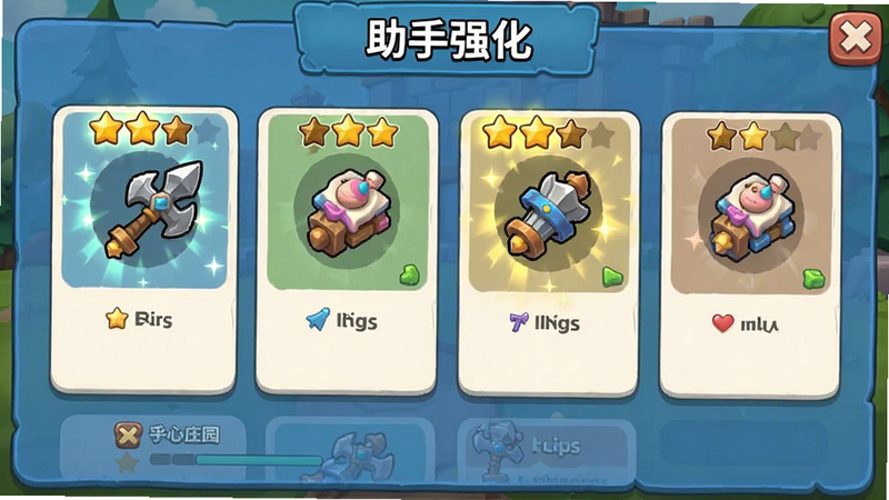 一张游戏道具界面图,主体为《守护庄园》的助手强化页面,布局为卡片式,排版整齐,风格为卡通UI,细节显示星级提升特效,画质清晰,干净无多余元素,文字