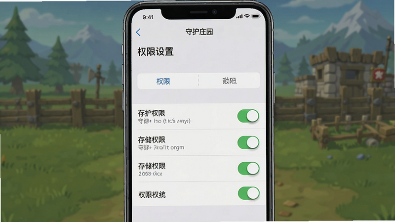 一张手机设置界面示意图,主体为《守护庄园》的权限设置页面,布局为开关列表,排版清晰,风格为系统原生UI,细节显示“存储权限”已开启,画质清晰,干净无多余元素,文字