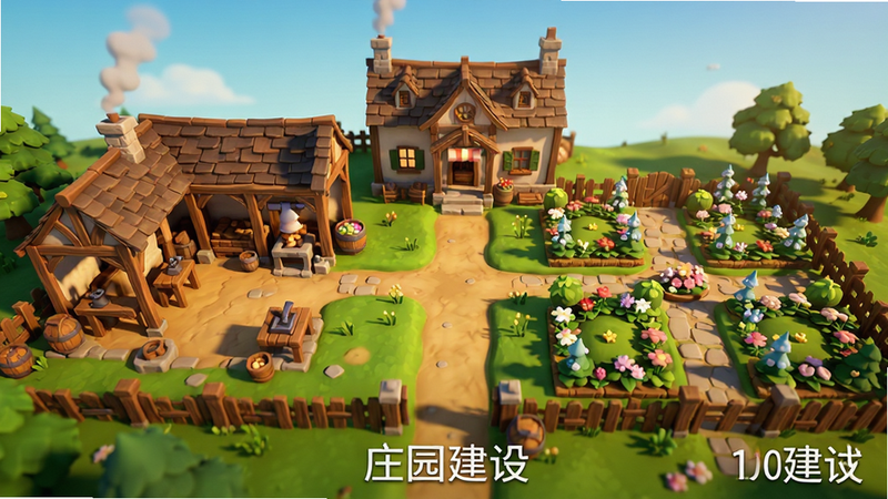 一张宽屏游戏场景图,主体为《守护庄园》的庄园全景,布局开阔,左侧是加工工坊,右侧是装饰花园,中间是道路连接,排版平衡,风格为温馨田园风,细节展现建筑光影,画质高清,干净无多余元素,文字