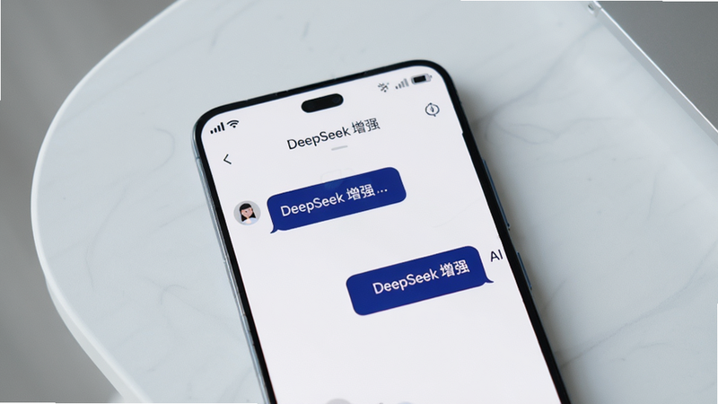一部现代智能手机正面特写,屏幕中央显示“DeepSeek 增强”应用界面,界面设计极简,白色背景搭配深蓝色文字气泡,左侧显示用户提问,右侧显示AI回答,顶部有状态栏显示满格信号和电池,背景为干净的浅灰色桌面,光线柔和,高清写实风格,无多余元素