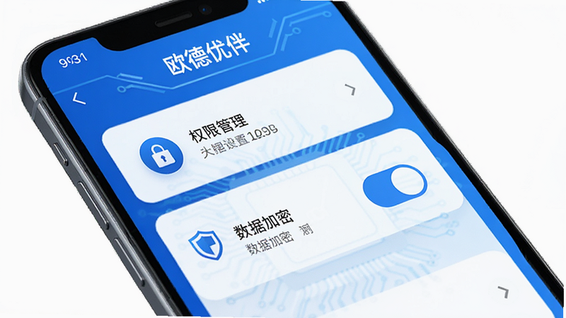 主体为手机界面,显示“欧德优伴”的安全设置页面,布局包含权限管理、数据加密开关等选项,排版严谨,风格科技感强,蓝色调为主,细节展示锁形图标和盾牌标识,画质高清,干净,无多余元素