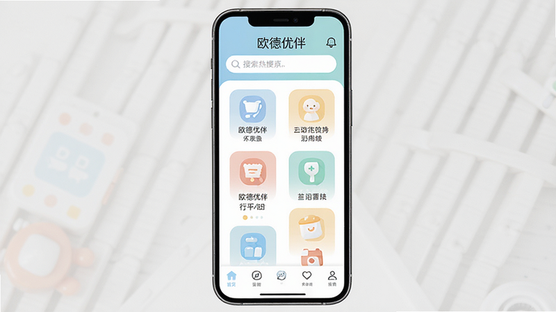 主体为手机屏幕界面,显示“欧德优伴”APP首页,布局清晰,顶部有搜索栏,中间是功能网格图标,底部是导航栏,排版整齐,扁平化设计风格,色彩清新柔和,细节清晰,画质高清,干净,无多余元素