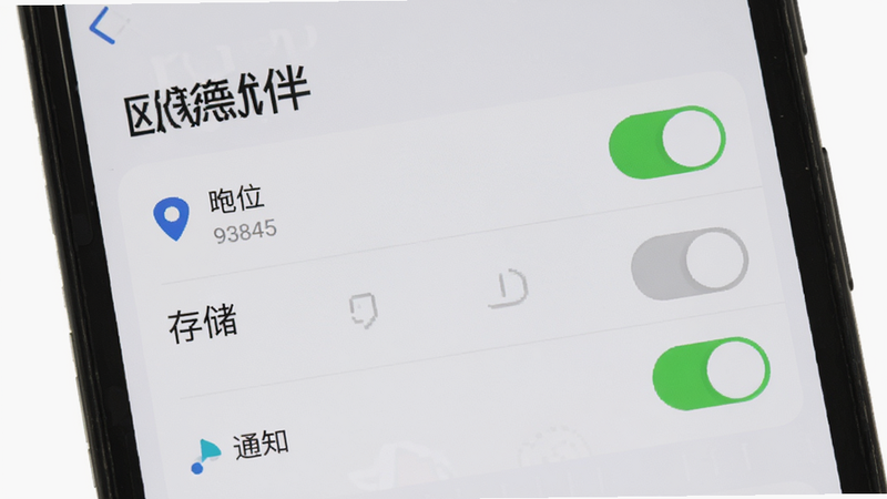 主体为手机设置界面,显示“欧德优伴”的权限管理页面,布局包含定位、存储、通知等权限开关,排版清晰,风格简洁,细节展示绿色开启状态和灰色关闭状态,画质清晰,干净,无多余元素