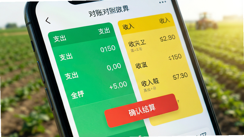 特写镜头展示手机屏幕上的对账界面,左侧是绿色的支出列表,右侧是黄色的收入列表,中间有一个红色的“确认结算”按钮,背景虚化显示农田,光线明亮,细节丰富,UI设计简洁现代