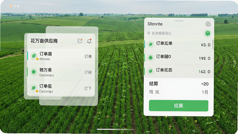 一张展示花万亩供应商安卓应用主界面的概念图,中心是一个绿色的农田全景背景,前景悬浮着半透明的白色UI卡片,卡片上显示订单列表和结算按钮,文字清晰可见,整体风格清新、科技感强,高分辨率,干净无杂物