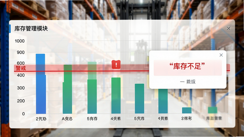 展示库存管理模块的UI设计,柱状图显示不同作物的库存数量,红色警戒线清晰可见,弹窗提示“库存不足”,背景为模糊的仓库货架,色彩对比鲜明,专业商务风格,高清画质