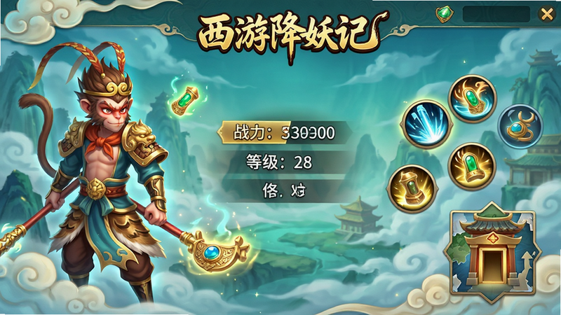 主体为西游降妖记游戏主界面,布局呈现左侧角色立绘,右侧技能按钮与地图入口,中央显示战力数值与等级信息;排版采用典型手游UI结构,背景为云雾缭绕的仙境风格,色调以青蓝与金黄为主;风格为2D国风插画结合3D特效元素,细节处有祥云纹样与法宝发光效果;画质高清,干净无多余杂乱元素,文字清晰显示