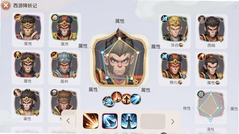 主体为西游降妖记的角色选择界面,布局为网格状展示多个角色头像,选中角色放大居中显示,周围环绕属性雷达图;排版清晰直观,底部有技能预览栏;风格为扁平化UI设计,配色柔和不刺眼;细节包含角色稀有度边框与技能图标;画质清晰,界面整洁,无多余装饰元素