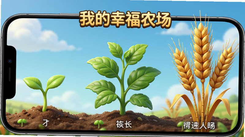 手机界面展示《我的幸福农场》中的作物生长阶段,左侧是刚发芽的小苗,中间是茂盛的绿叶植株,右侧是成熟的金色麦穗,背景是蓝天和白云,风格写实与卡通结合,细节丰富,光线柔和,高清清晰