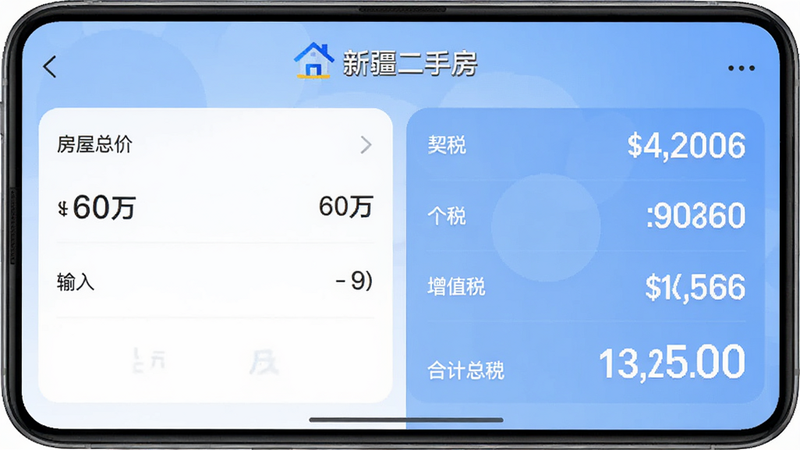 չʾ���½����ַ���APP�ڵ�˰�Ѽ��������棬������뷿���ܼ�60���Ҳ�ʵʱ��ʾ��˰����˰����ֵ˰�ľ�����ϼ���˰�ѣ������������ˣ�����ͻ��������Ϊ����ɫ���䣬����רҵ�����θУ�����UI��ͼ