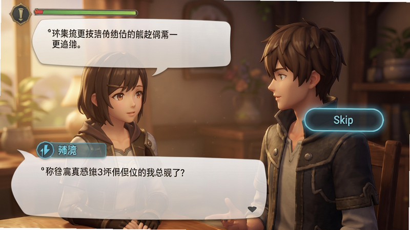 主体为游戏剧情过场画面,画面右侧有一个悬浮的“Skip”按钮,发出微弱的蓝光,背景是动漫风格的对话场景,两个角色正在交谈,文字气泡显示着对话内容,整体氛围温馨,光影效果柔和,风格为电影级二次元动画,细节细腻,画质高,干净,无多余元素,文字为简体中文