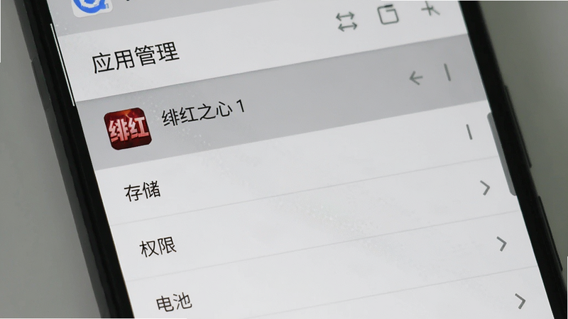 主体为手机系统设置界面,显示“应用管理”列表,其中“绯红之心 1”应用被高亮选中,下方显示“存储”、“权限”、“电池”等选项,背景为浅灰色,风格为原生 Android 界面,细节清晰,画质高,干净,无多余元素,文字为简体中文,清晰可读
