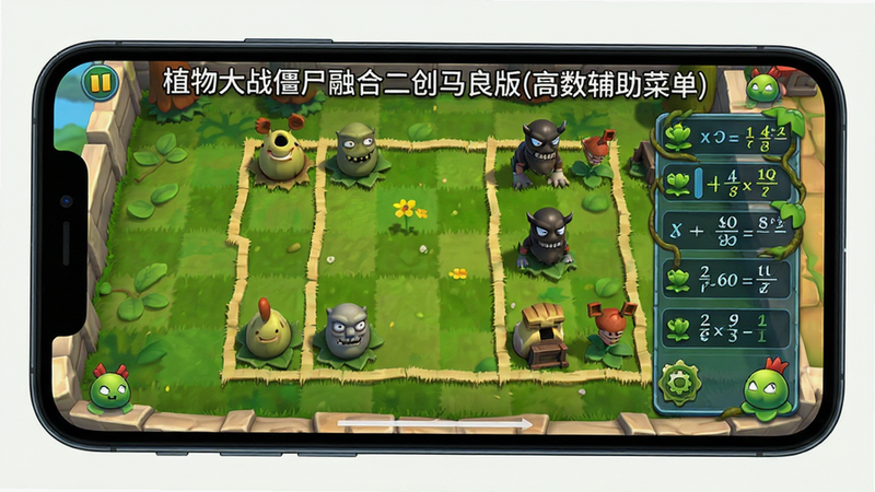 Boogu-Image: 主体为手机屏幕显示的游戏界面,布局清晰展示草坪与防御线,排版紧凑,风格为卡通渲染,细节丰富包括融合植物与高数菜单UI元素,画质高清,干净,无多余元素,文字包含