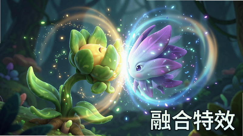 Boogu-Image: 主体为游戏内植物融合动画,布局中心展示两株植物碰撞产生光效,排版动态感强,风格奇幻卡通,细节展示粒子效果与光晕,画质极高,干净,无多余元素,文字包含