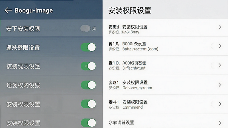 Boogu-Image: 主体为手机设置界面,布局左侧列表右侧详情,排版清晰,风格扁平化UI,细节展示权限开关图标,画质清晰,干净,无多余元素,文字包含