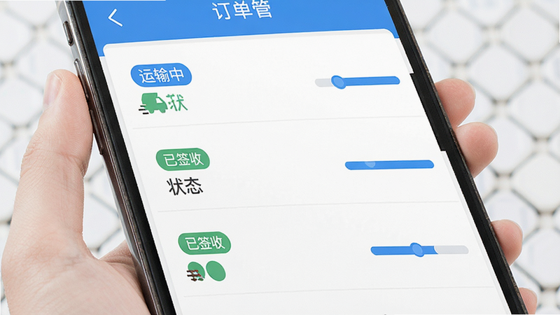 移动端订单管理界面截图,列表形式展示多条订单,每条订单包含状态标签如“运输中”、“已签收”,右侧有进度条,界面整洁,字体清晰,蓝色主题,扁平化设计,高清细节,无杂乱元素