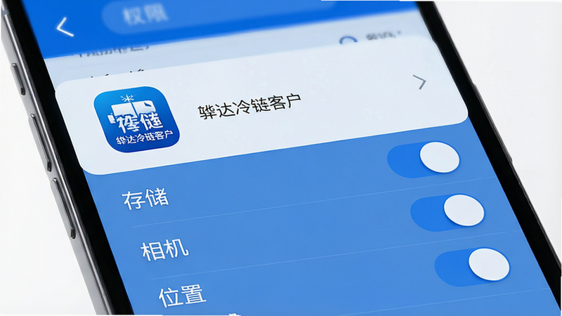 手机设置界面示意图,显示应用权限管理列表,骅达冷链客户应用图标高亮,下方有“存储”、“相机”、“位置”等权限开关,界面简洁,蓝色主题,高清渲染,无多余元素,干净背景