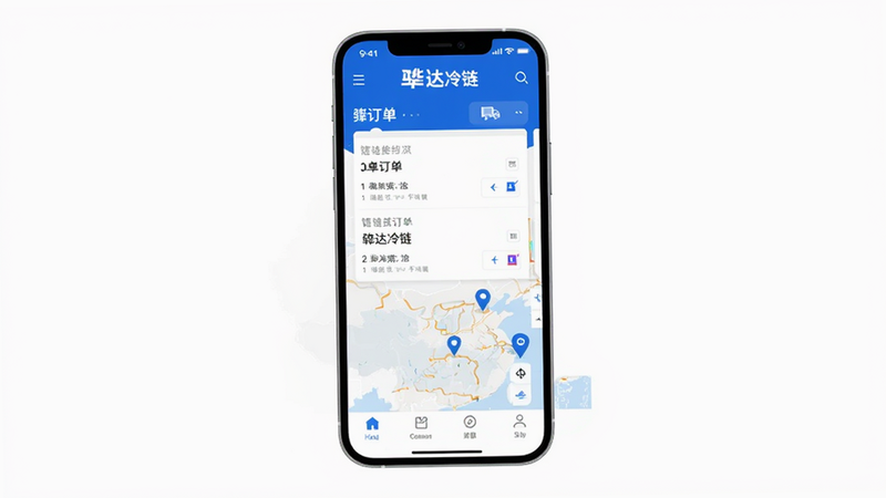 骅达冷链客户App主界面展示图,白色背景,中央显示蓝色主色调的手机模型,屏幕内展示订单列表与地图定位界面,顶部有骅达冷链Logo,底部有导航栏,风格简洁现代,高清渲染,无多余元素,干净背景