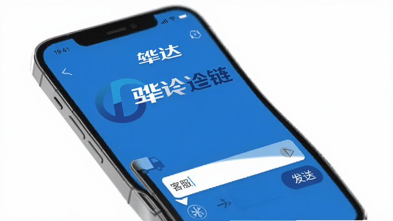 手机界面展示客服聊天窗口,上方有骅达冷链Logo,下方有输入框和发送按钮,界面简洁,蓝色主题,高清渲染,无多余元素,干净背景