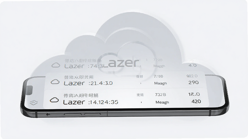 主体是手机侧视图,屏幕显示 Lazer 应用的历史记录列表,背景为浅灰色云状图案象征云端同步,布局纵向排列,排版有序,风格为现代商务风,细节包含时间戳和数值列表,画质高保真,干净,无多余元素