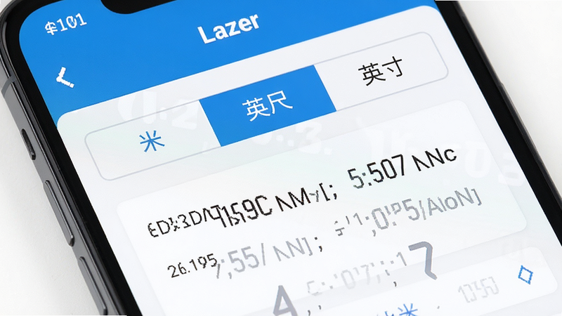 主体是手机界面局部,展示 Lazer 应用的单位切换模块,屏幕上有“米”、“英尺”、“英寸”三个选项卡,其中“米”被高亮选中,布局整齐,排版清晰,风格为扁平化UI设计,细节显示数值同步变化,画质细腻,干净,无多余元素