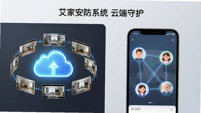 艾家安防系统云端存储与家庭共享界面的概念图。布局为左右分栏结构,左侧显示一个发光的云图标,周围环绕着多个小视频缩略图,象征视频片段在云端安全存储。右侧展示一个手机界面,上面有三个不同的用户头像,代表家庭成员,头像之间有连线,表示共享权限。背景为浅灰色渐变,营造干净、安全的氛围。文字标注“艾家安防系统 云端守护”,字体清晰,位于顶部中央。整体风格极简、现代,强调数据安全与家庭连接,画质细腻,无杂乱背景。