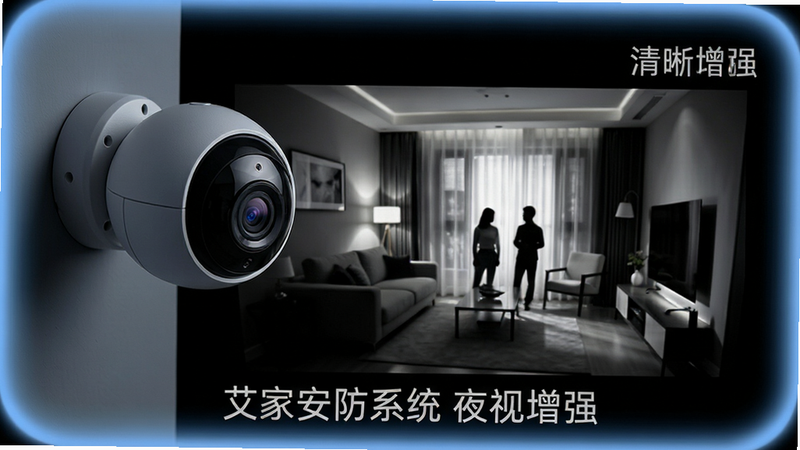 展示艾家安防系统夜间监控模式的特写镜头。画面主体为一个安装在客厅角落的球形摄像头,镜头正对着昏暗的房间内部。在摄像头视野范围内,虽然环境光线极弱,但画面中的人物轮廓和家具细节依然清晰锐利,呈现出夜视白光灯开启后的效果。背景为深黑色,突显出监控画面的明亮与清晰。图片边缘有柔和的蓝色光晕,暗示智能夜视功能。文字标注“艾家安防系统 夜视增强”,字体简洁现代,无多余装饰,强调科技感与清晰度。