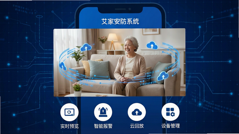 画面主体为艾家安防系统APP的高清界面展示图,布局采用现代扁平化设计风格,背景为深蓝色科技感网格。屏幕中央显示一个温馨的客厅监控画面,画面中有一位老人坐在沙发上,周围环绕着代表云同步的蓝色数据流线条。界面顶部清晰标注文字“艾家安防系统”,底部有四个白色圆形图标,分别代表“实时预览”、“智能报警”、“云回放”和“设备管理”。整体风格简洁、专业、安全,细节处体现高清画质,无多余杂乱元素,色调以蓝白为主,传达信任与稳定感。