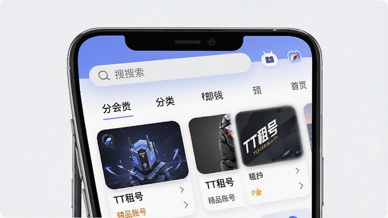 一张展示TT租号APP界面的高清预览图,主体为手机屏幕,显示首页列表,布局整洁,包含搜索栏、分类标签和账号卡片,风格现代简约,细节清晰,文字清晰可见如