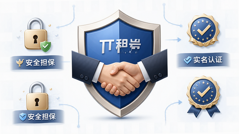 TT租号APP安全交易流程示意图,主体为盾牌图标与握手图案,布局中心对称,风格商务稳重,细节包含锁形图标和认证徽章,文字如
