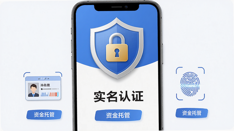 TT租号APP实名认证与安全保障界面图,主体为认证盾牌和锁图标,布局中心聚焦,风格严谨可信,细节展示身份证识别和指纹验证图标,文字如