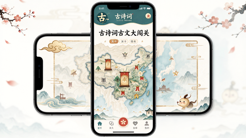 ����Ϊ�ֻ����棬չʾ����ʫ�ʹ��Ĵ󴳹ء�APP��ҳ������������������Logo���в�Ϊ�ؿ���ͼ���ײ�Ϊ��������������µ��ţ��й���Ԫ�أ�ϸ�ھ��£����ʸ��壬�ɾ��޶���Ԫ��