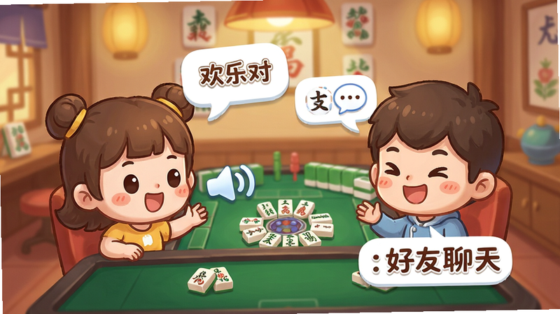 主体为JJ麻将游戏内的社交场景,布局展示两个卡通角色正在通过语音气泡互动,背景为温馨的虚拟牌室,排版简洁,风格卡通可爱,细节生动,画质清晰,干净无多余元素,文字包含