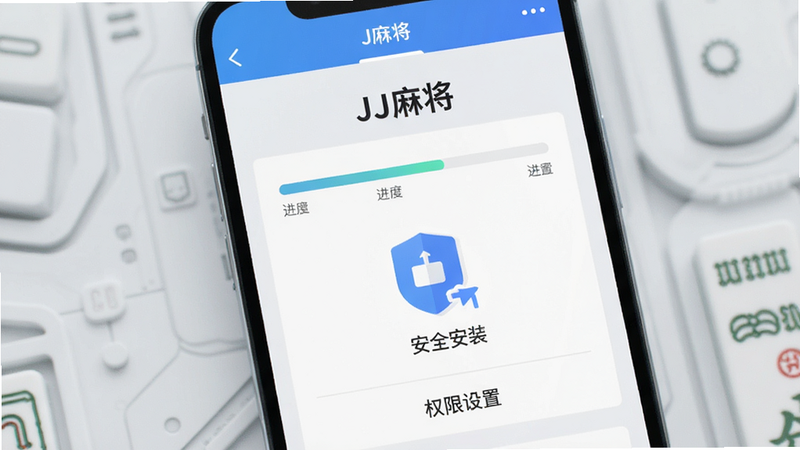 主体为手机屏幕显示JJ麻将安装界面,布局展示进度条和安全扫描图标,背景为浅灰色科技风,排版严谨,风格扁平化,细节清晰,画质高,干净无多余元素,文字包含