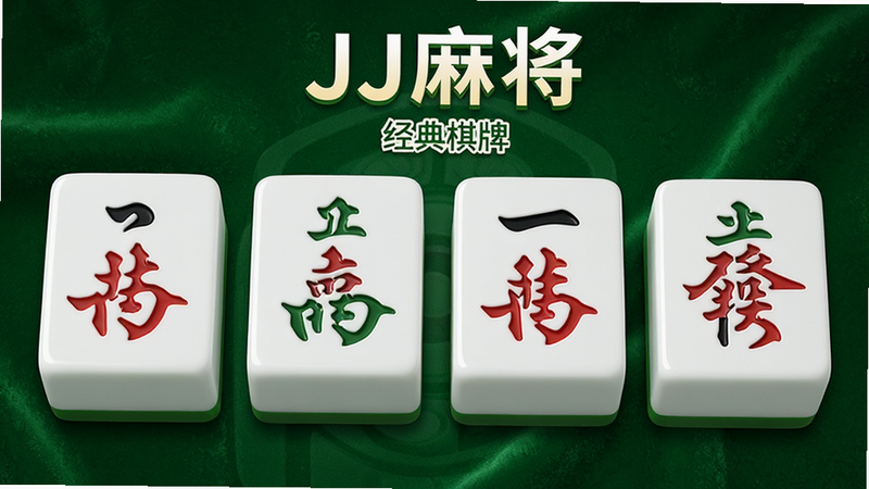 主体为JJ麻将安卓版主界面,布局整洁,中央展示四张3D麻将牌,背景为深绿色绒布质感,排版清晰,风格写实且明亮,细节丰富,画质高清,干净无多余元素,文字包含