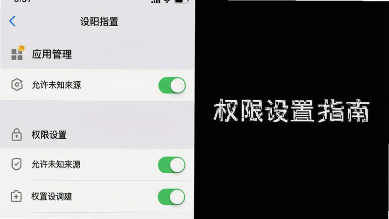 主体为手机设置界面截图,布局聚焦于“应用管理”与“权限设置”选项,排版简洁,风格为系统原生UI,细节包含“允许未知来源”开关状态,画质清晰,干净,无多余元素,文字标注“权限设置指南”