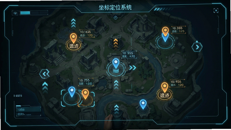 主体为游戏内地图界面,布局呈现俯视视角,排版中显示多个高亮标记点代表遗迹位置,风格为科技感HUD界面,细节包含距离数值与方向箭头,画质清晰,干净,无多余元素,文字标注“坐标定位系统”
