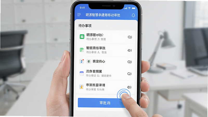 主体为明源智慧承建商移动审批界面,布局显示待办事项列表与审批按钮,排版垂直流畅,风格为移动端UI设计,细节包含手指点击动作的示意,画质清晰,干净,无多余元素