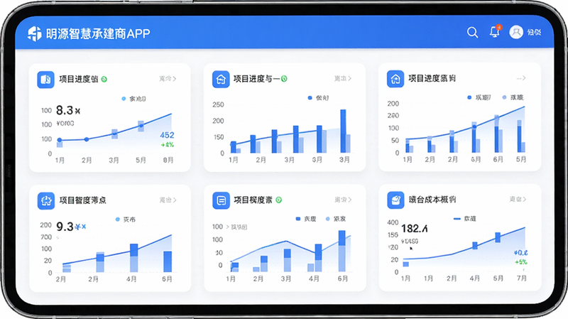 主体为明源智慧承建商APP的高清界面预览图,布局采用卡片式列表展示项目进度与成本概览,排版整洁有序,风格为现代商务科技蓝白配色,细节包含清晰的图标与数据图表,画质高清,干净,无多余元素