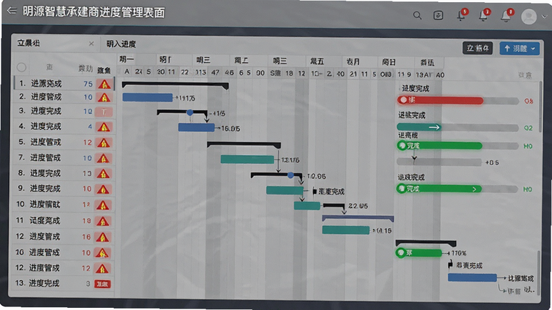 主体为明源智慧承建商进度管理界面,布局显示甘特图与进度条,排版紧凑清晰,风格为极简主义数据可视化,细节包含红色预警标识与绿色完成标识,画质清晰,干净,无多余元素